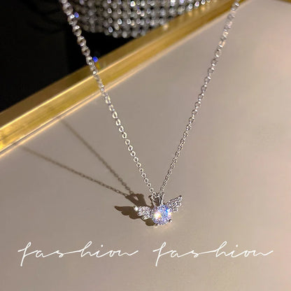 Y2K Crystal Bow Angel Wings Heart Pendant Necklace For Women Sweet Cool Girl Clavicle Chain Trendy Aesthetic Jewelry Accessor