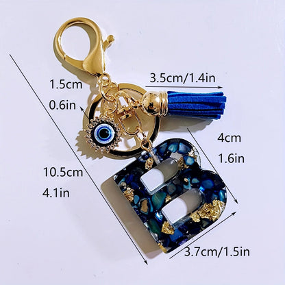 Blue Resin Initial Keychain - Evil Eye Letter Charm with Rhinestones & Tassel, Stylish Gift for Women, Lobster Clasp Accessor