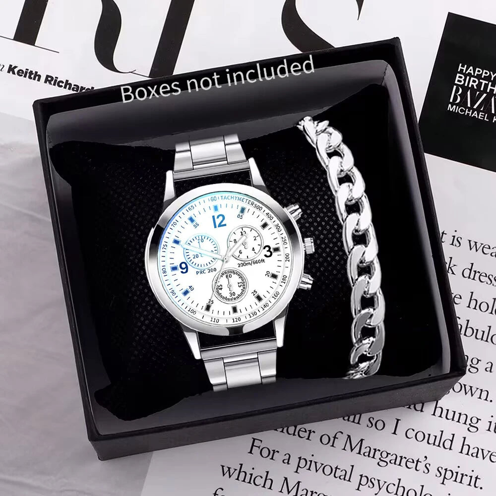 1/2PCS Men Business Watches Fashion Men's Steel Band Quartz Watch with Bracelet（Box not Included） - White Without Box