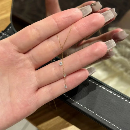 18K Gold Plated 925 Silver Lariat Necklace Tiny 3 CZ Y-Shaped Drop Pendant Thin Chain Necklace Ladies Elegant Daily Jewelry