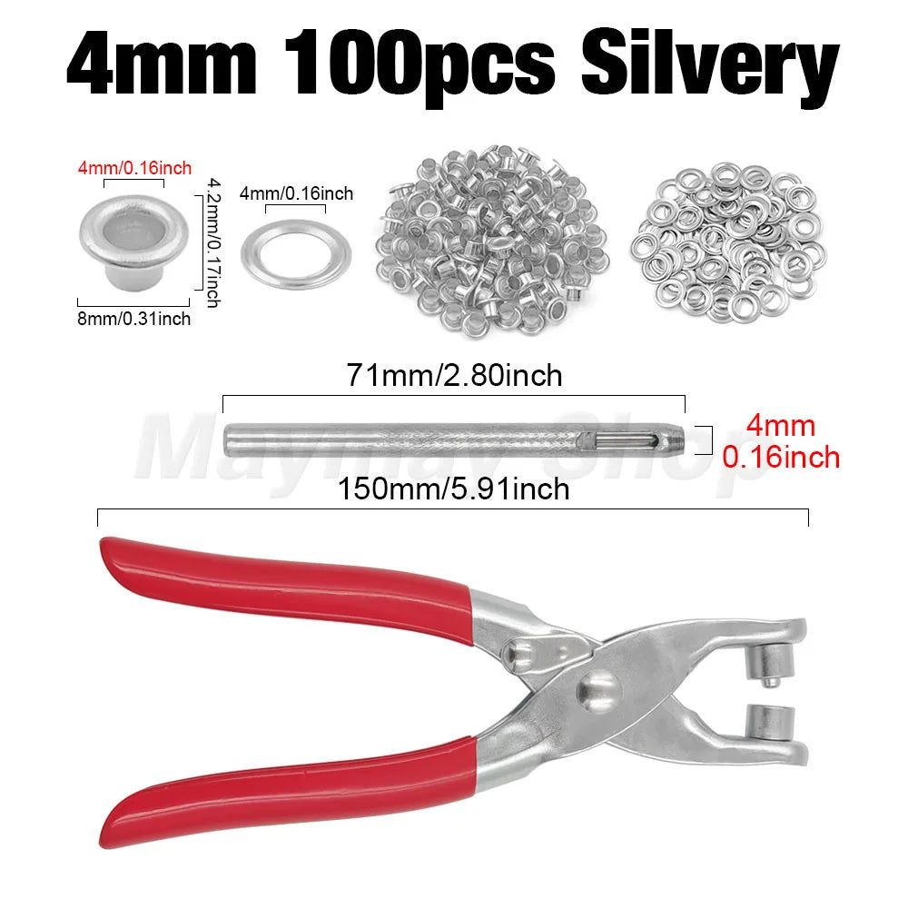 4mm/6mm/12mm Eyelet Grommet Install Plier With 100 Sets Eyelet Metal Hole Ring For DIY Cap Bag Clothes Leathercraft Shoes Bel