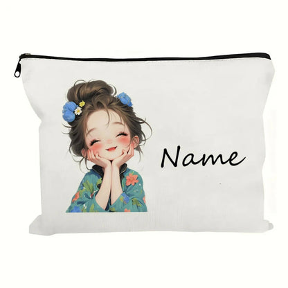 Custom Name Vintage Cute Girl Pattern Makeup Bag Handbag Toiletry Bag Pencil Case Holiday Gift Cosmetic Bag - E