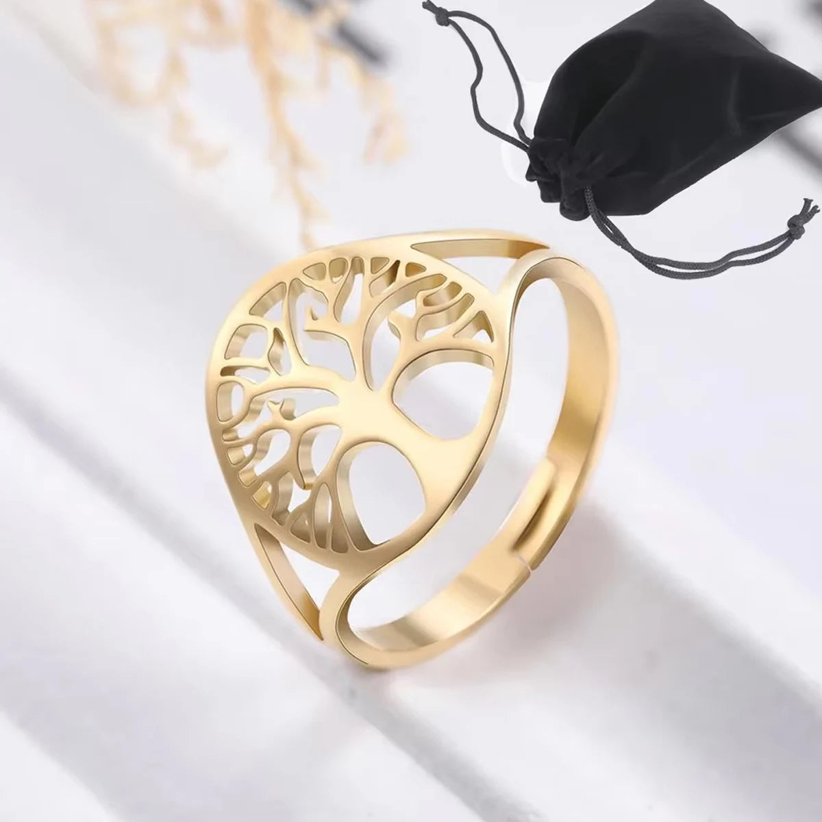 Tree of Life Ring Steel Gold Color Adjustable Finger Rings Jewelry Anniversary Gifts for Women