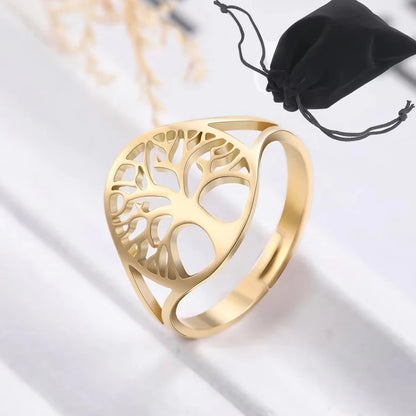 Tree of Life Ring Steel Gold Color Adjustable Finger Rings Jewelry Anniversary Gifts for Women