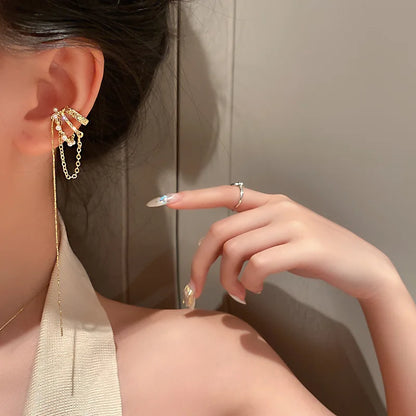 Silver Color Crystal Tassel Non-Piercing Cuff Ear Clip Earring For Women Shiny Rhinestone Chain Fake Cartilage Piercing Jewel