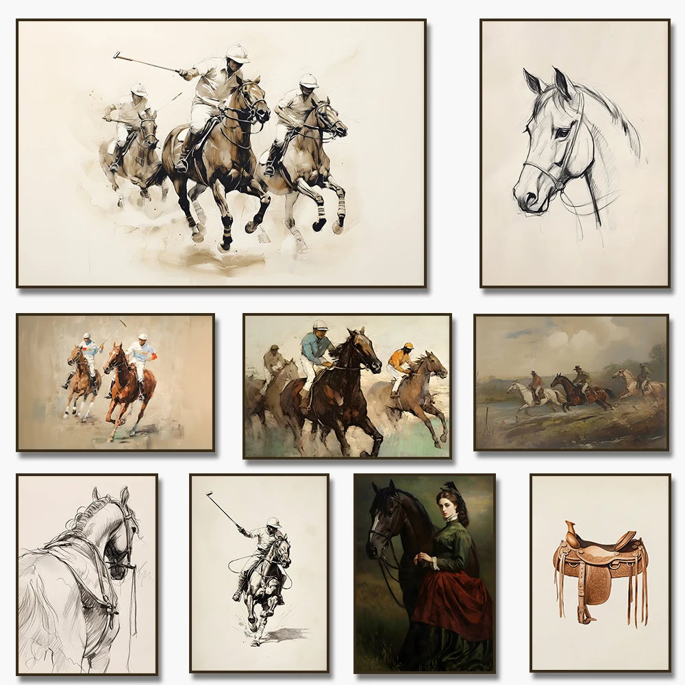 Vintage Polo Etching Horse Jockey Canvas Painting Print Antique Equestrian Farmhouse Animal Rustic Wall Art Room Home Decor