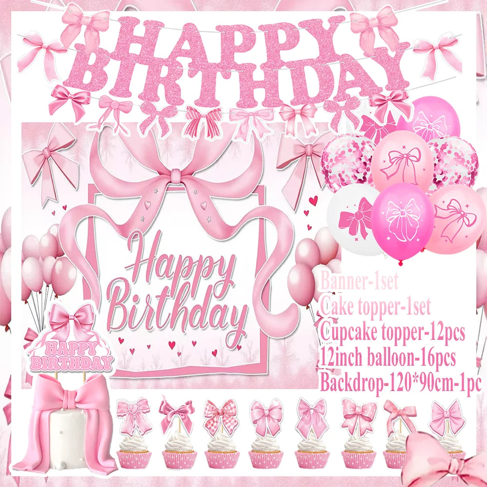 birthday party supplies, Pink Bow Birthday Party Set, personalized birthday decorations, custom birthday banner, party favors