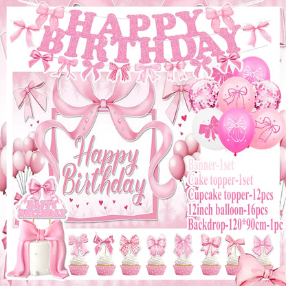 birthday party supplies, Pink Bow Birthday Party Set, personalized birthday decorations, custom birthday banner, party favors