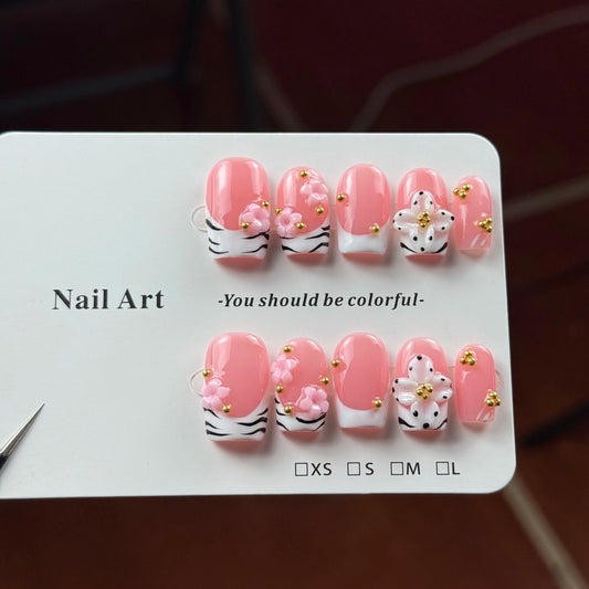 10pcs high-end Pink girlish style, hand-painted three-dimensional carvings, decorated with small gold beads handmade French T