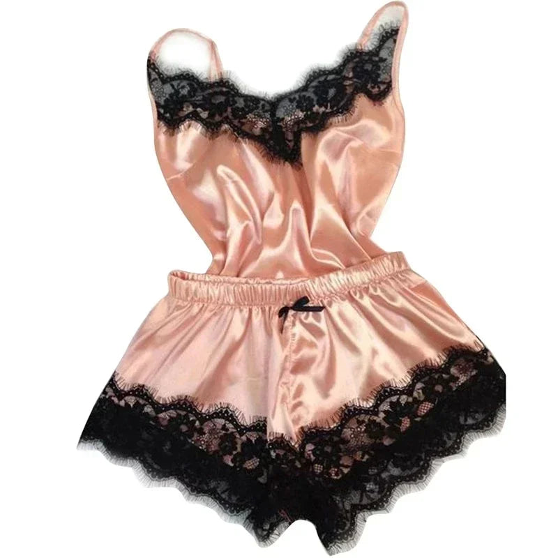 Lace Satin Pajama Set for Women Sleepwear V-Neck Stretch Sexy Lingerie Strap Vest Top Shorts Nightwear Pijamas - Pink / S
