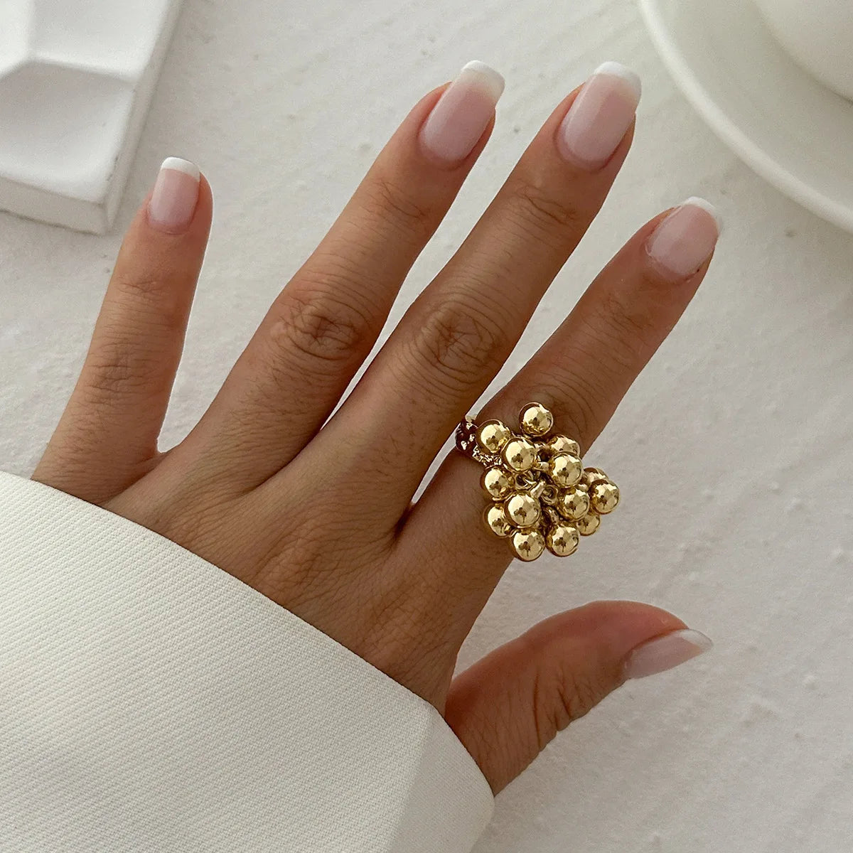 LATS Exaggeration Punk Metal Personality Irregular Three-layer Design Ball-Shape Open Ring for Women Fashion Simple Jewelry G
