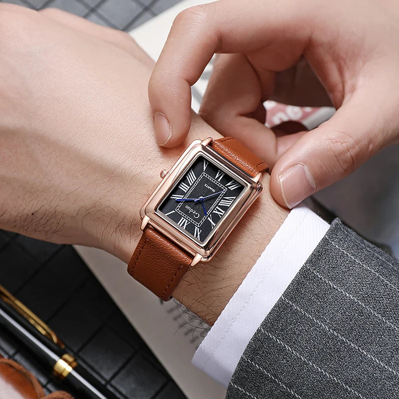 Fashion Men's Quartz Wristwatch Leather Strap Watch - coffee rose black
