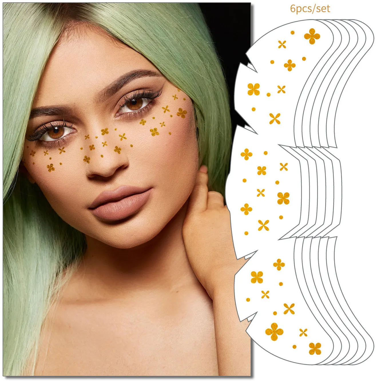 6pcs Freckle Tattoo Stickers Gold Silver Metallic Temporary Tattoo Stickers For Women Glitter Face Decals for Music Festival 