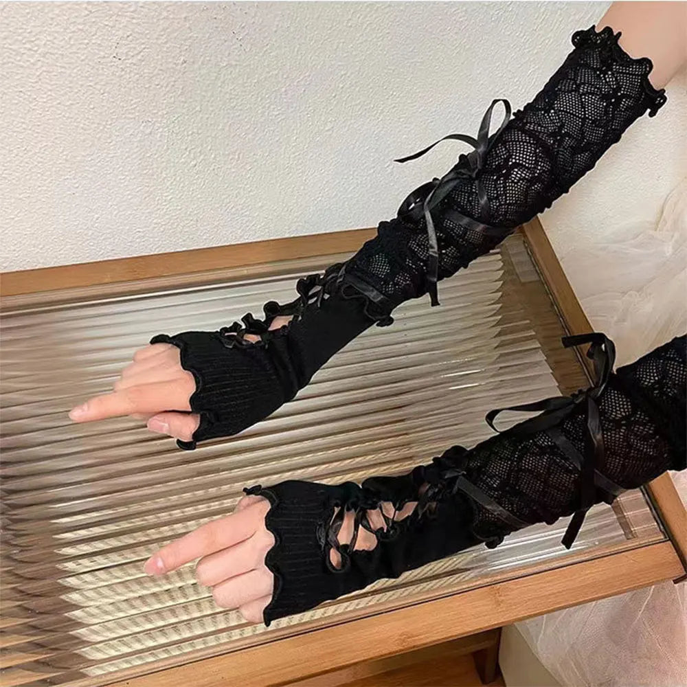 1 Pair Women Lolita Jk Lace Fingerless Gloves Black Gothic Fake Sleeves Trendy Elastic Long Lace Arm Sleeves Clothes Decorati