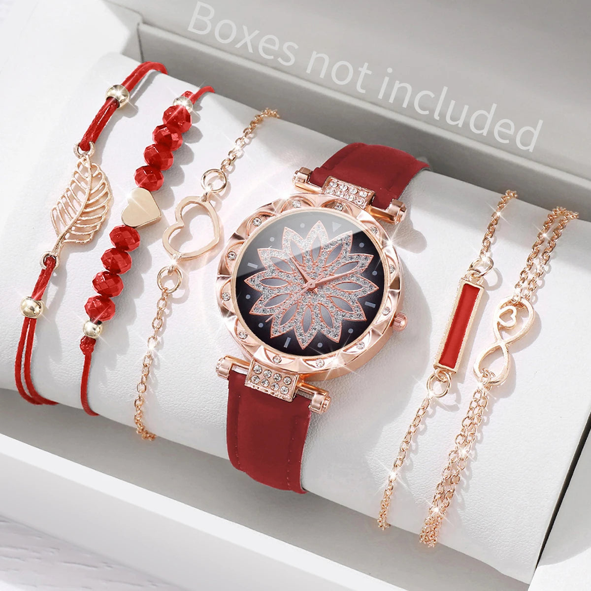 6PCS/Set Fashion Heart Dial Women's Watch Casual Leather Band Analog Quartz Watch Leaf Bracelets Set（Without Box） - B Red No 