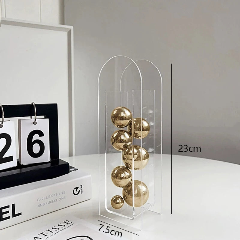Abstract Art Metal Ball Square Transparent Box Acrylic Container Model Ornament Desk Decoration Ornaments Sphericity Crafts -