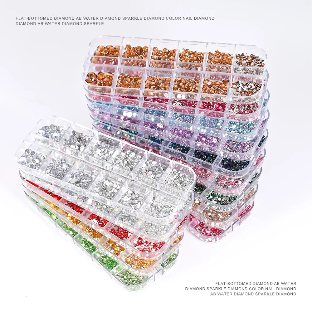 2400pcs+ Shiny Clear Crystal Gems Nail Rhinestones 1.5-4mm Mixed Round Glass Stone Flatback Nail Charms 12grids Nail Diamond 
