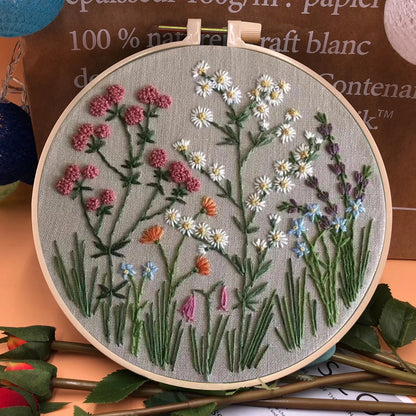 3D Embroidery Starter Kits with Flowers Pattern for Adults Beginners, Floral Stamped Cross Stitch Kit, Hand DIY Needlepoint K
