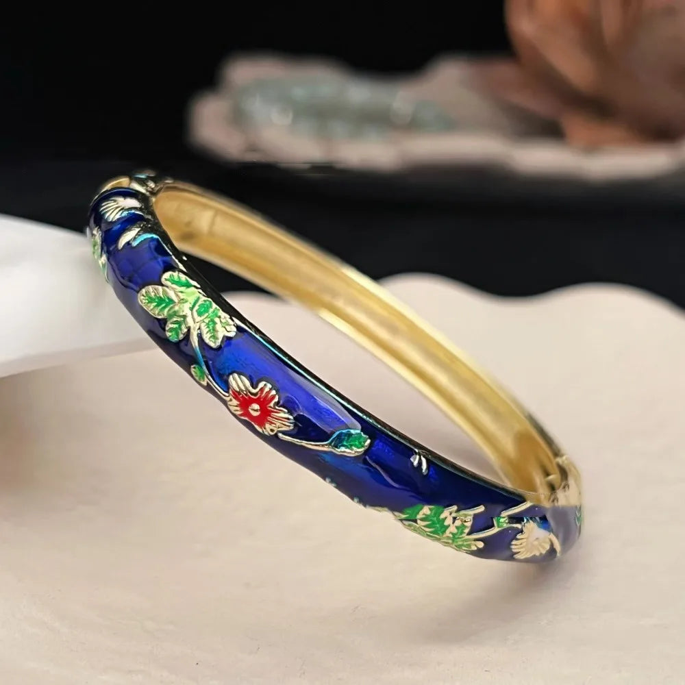 Enamel Chinese Cloisonne Bracelet Double Bangle Traditional Peony Filigree Flower Bangle Ethnic Vintage Women's Hand Bracelet