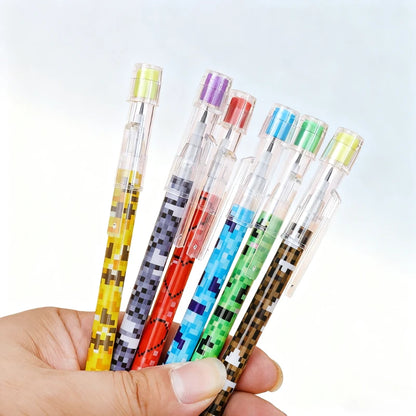 6 unsharpened mosaic pencils: 9-section break-resistant barrel + colorful pixel grip - retractable ink tip, smooth writing