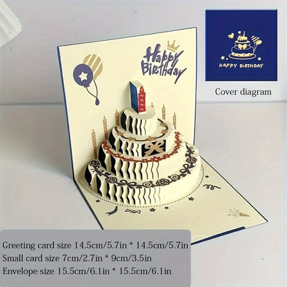 3D Happy Birthday Card Christmas Gift Card Birthday Cake Pop-Up Greeting with Envelope Christmas Invitation Cards - Blue
