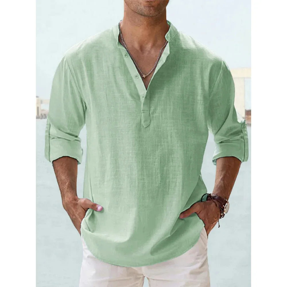 Cotton Linen Men's Long Sleeve Shirts Summer Solid Color Henley Collar Casual Beach Style Hawaiian Vacation