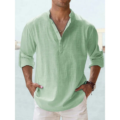 Cotton Linen Men's Long Sleeve Shirts Summer Solid Color Henley Collar Casual Beach Style Hawaiian Vacation
