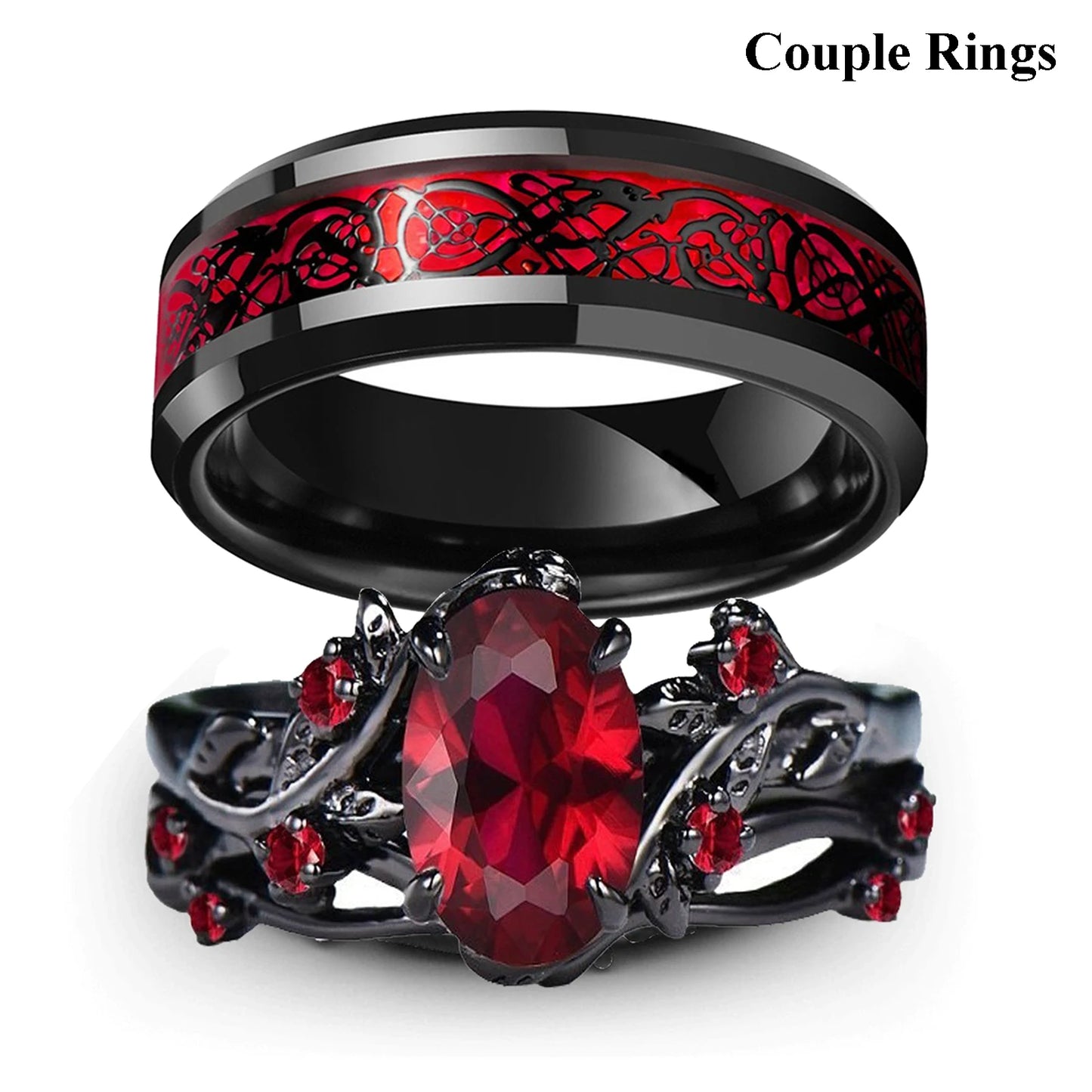 Charm Couple Rings Romantic Women Red Rhinestones Rings Set Trendy Men Stainless Steel Celtic Dragon Rings Wedding Band Jewel