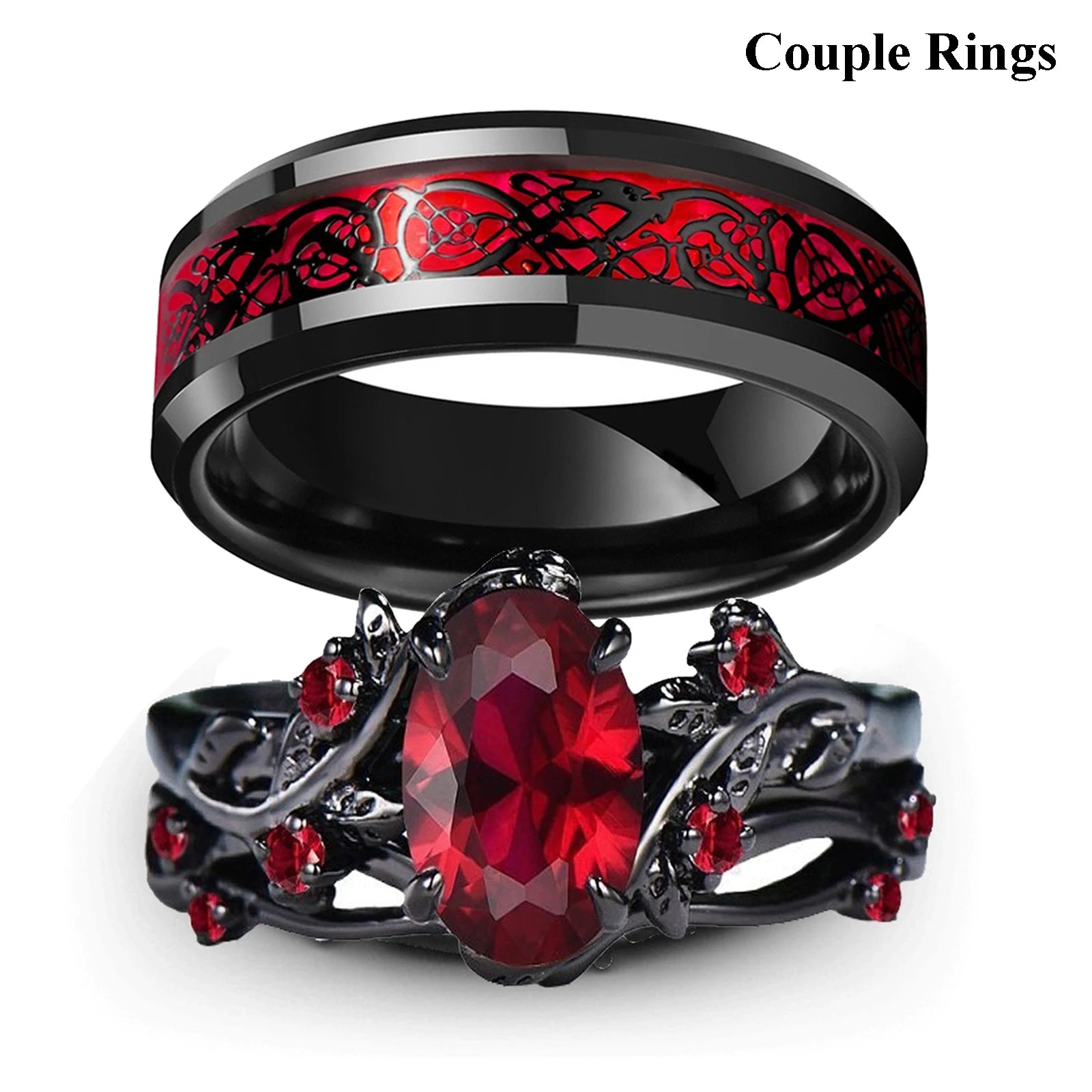 Charm Couple Rings Romantic Women Red Rhinestones Rings Set Trendy Men Stainless Steel Celtic Dragon Rings Wedding Band Jewel