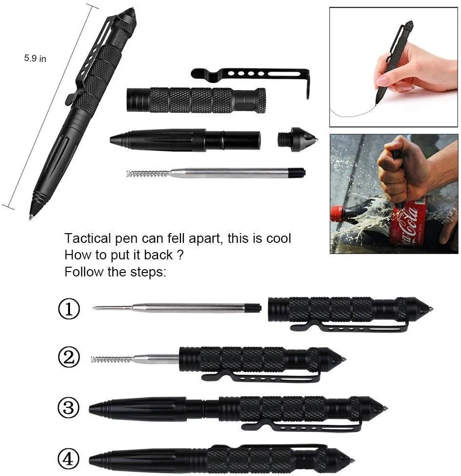 Military Tactical Pen, Professional Self Defense Pen, Emergency Glass Breaker Pen - Tungsten Steel, Writing Tool with 6 Refil