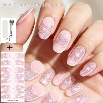 Harunouta 16strips Semi Cured Gel Nail Strips with Nail Clipper Set Self-Adhesive Glitter for Nails Work with UV/LED - Set 13