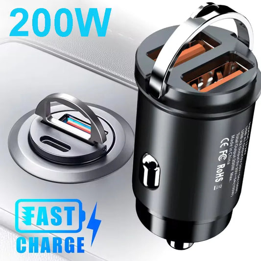 100W/200W QC3.0 PD Mini Car Charger 12-24V Lighter Fast Charging Car USB Type C Charger for Xiaomi Samsung Huawei iPhone Powe