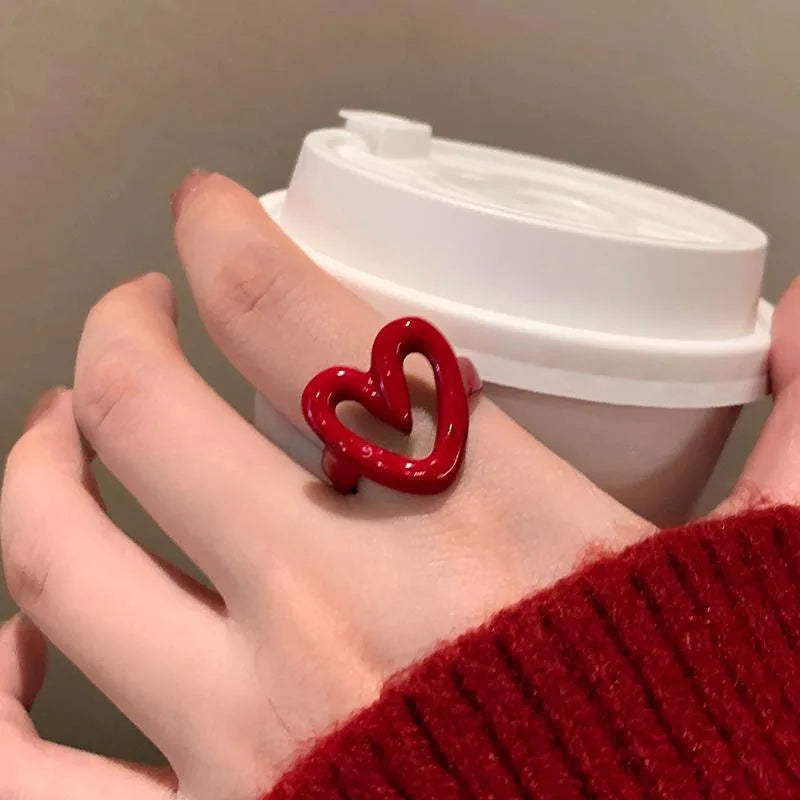 LATS White Red Enamel Heart Sweet Ring for Women Girls Trendy Geometric Dripping Oil Y2K Opening Rings Jewelry Gift