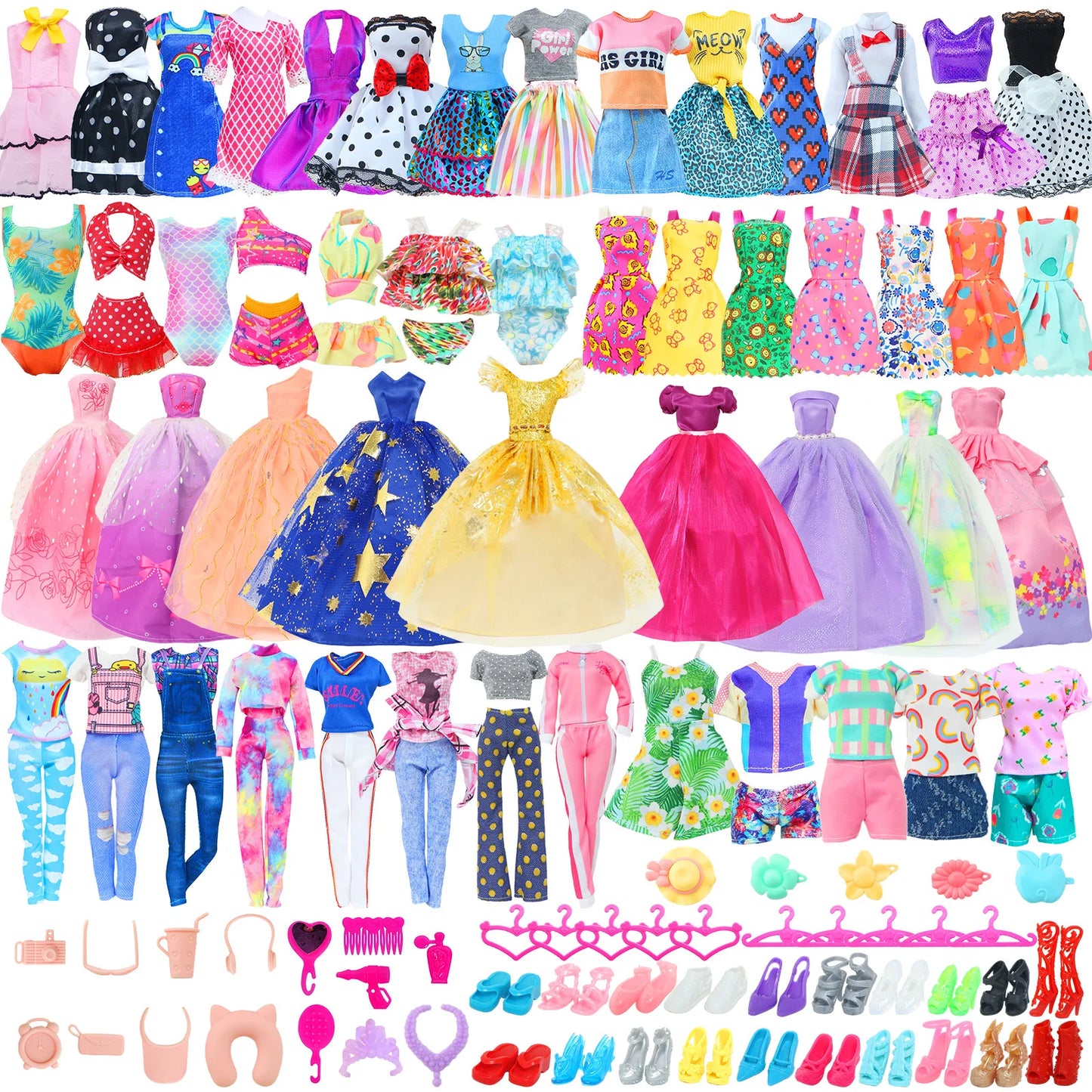 50 Pcs/Set Handmade Doll Clothes for 11.5'' Doll 2 Evening Gown Bikinis 3 Outfit 2 Mini Dress 10 Hangers 31 Accessories Kids 