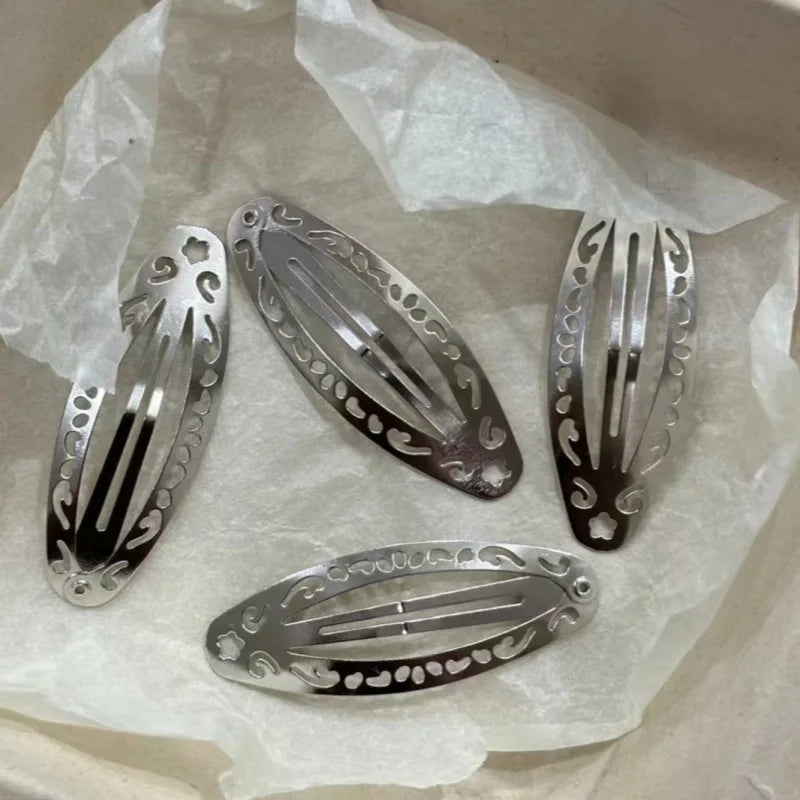 Vintage Hollowed Out Pattern Hair Clips Y2K Geometric Silver Oval Snap Hairclips Punk Metal Side Hairpin Korean Hair Accessor