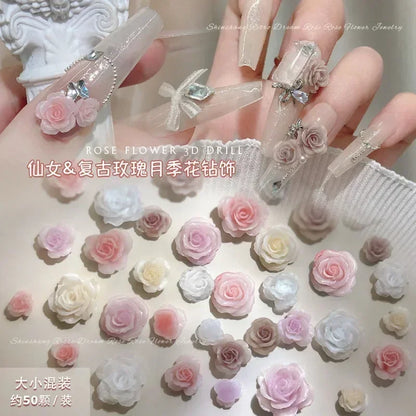 50Pcs Vintage 3D Rose Flowers Nail Art Jewelry Decoration Colorful Halo Dyeing Camellia DIY Fashion Manicure Accessory