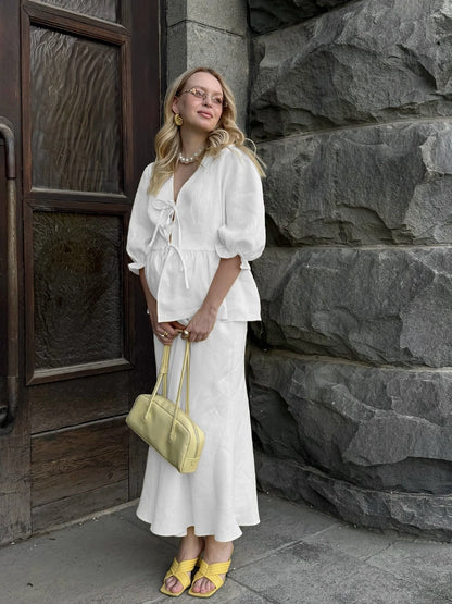 Bornladies 2025 Summer Women's 100% Cotton V-Neck Lace-Up Bubble Sleeve Shirt Long Skirt Set Loose Casual Two-Piece Suit - Wh