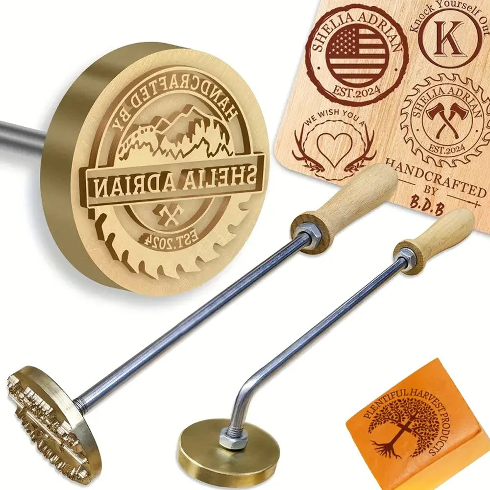 Custom Branding Iron Stamp DIY LOGO Heating Brass Embosser Seals with Handle for Wood Leather Cake Hamburger Wedding Party Cr