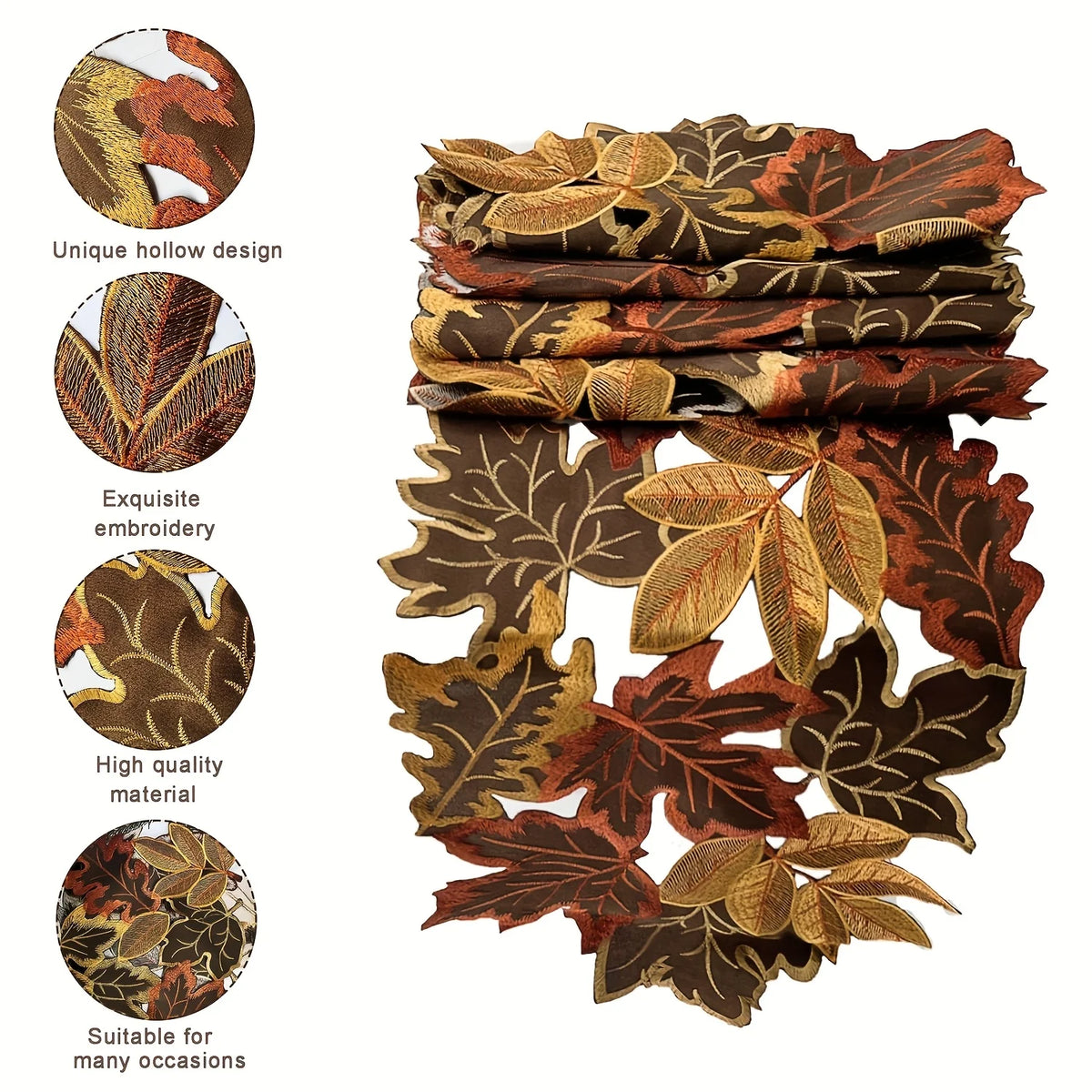 1pc Autumn Maple Leaf Embroidered Table Runner, Flocked Brown Maple Design, Rustic Farmhouse Thanksgiving Harves
