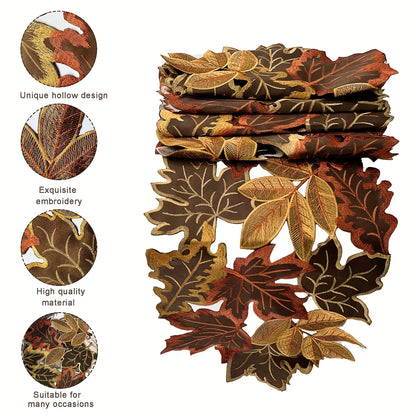 1pc Autumn Maple Leaf Embroidered Table Runner, Flocked Brown Maple Design, Rustic Farmhouse Thanksgiving Harves
