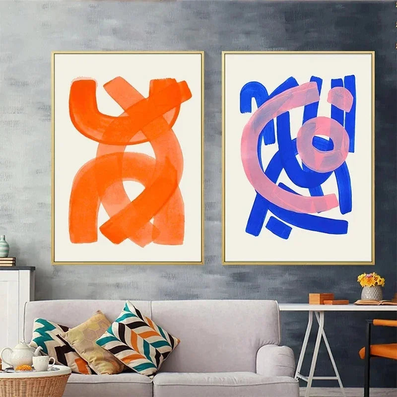 Minimalist Mid Century Watercolor Brush Strokes Poster Abstract Orange Canvas Print Painting Wall Art Picture Living Room Dec