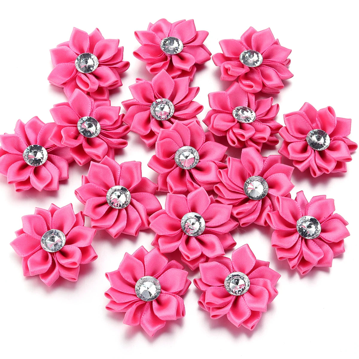 20pcs/lot 40mm Mini Inlaid Rhinestones Small Handmade DIY Satin Ribbon Flowers Head Decorate Clothing Supplies Accessories - 