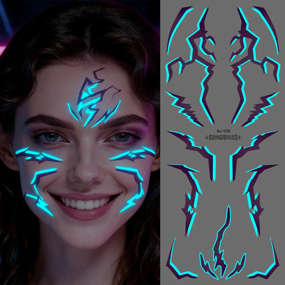 2pcs Glow in The Dark Kpop Gothic Women Face Temporary Tattoos -Cool Blue Purple Lightning & Vein Body Art Waterproof Tattoos