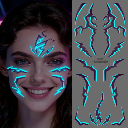2pcs Glow in The Dark Kpop Gothic Women Face Temporary Tattoos -Cool Blue Purple Lightning & Vein Body Art Waterproof Tattoos