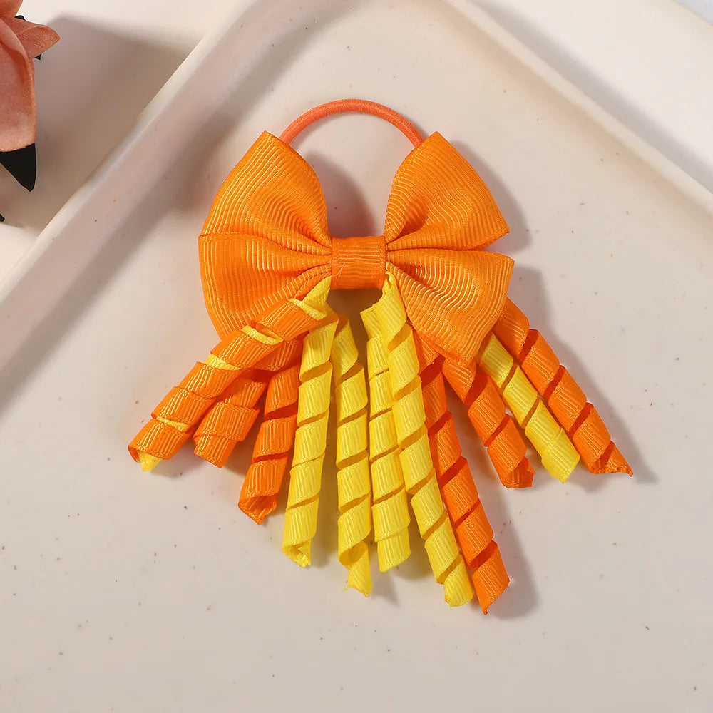 Baby Girls Back To School Ribbon Curly Hair Bow with Ties Rope Elastic Hairbands Kids Ponytail Holder Bowknot Hair Accessorie
