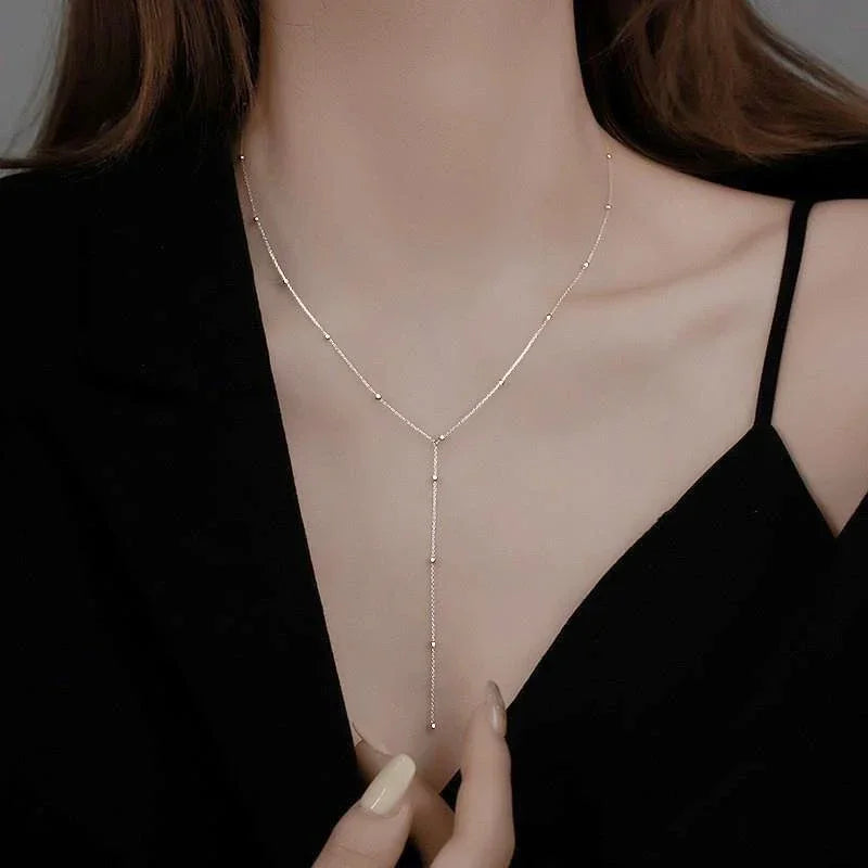 LATS Gold Color Double Layered Long Tassel Chain Necklaces for Women Simple Metal Geometric Bead Choker Necklace Fashion Jewe