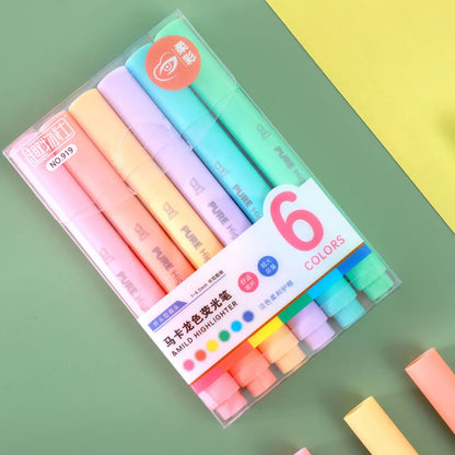 6Pcs/set Pastel Color Macaron Highlighter Pen Marker Pens Fluorescent Pen Drawing Highlighters Cute Stationery School Supplie