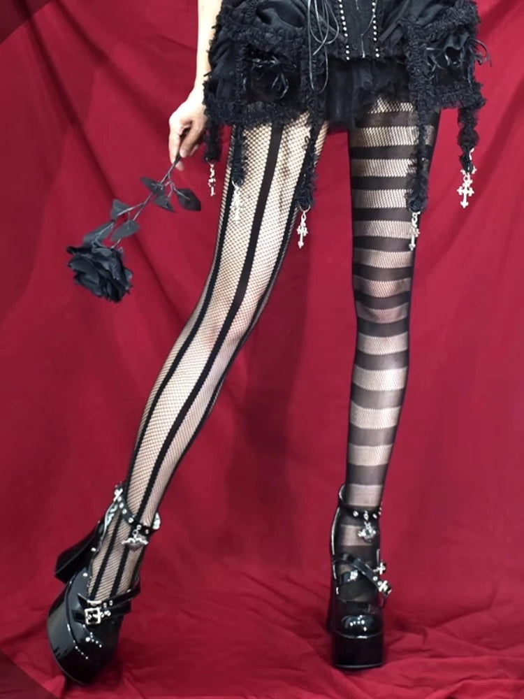 Vintage Gothic Dark Punk Style Sexy Pantyhose Goth Lolita Uniform Striped AB Asymmetric Hollow out Fishnet Tights Women Summe