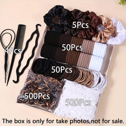 1109pcs Women Dark Hair Accessories Set Elastic Seamless Ponytail Scrunchies Small Rubber Bands Fashion Hair Ties Headbands