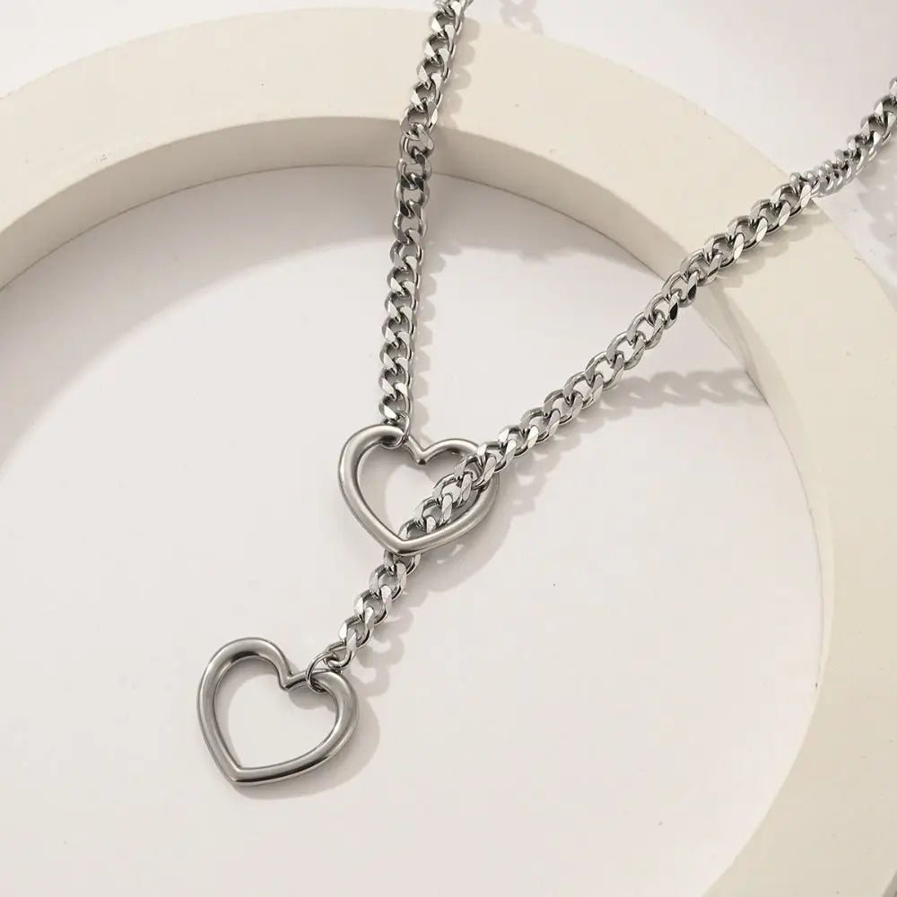 Personality Lariat Heart Necklace Stainless Steel Slip Chain Slipchain Choker Collar Punk Rock Heavy Cuban Long Chain For Uni